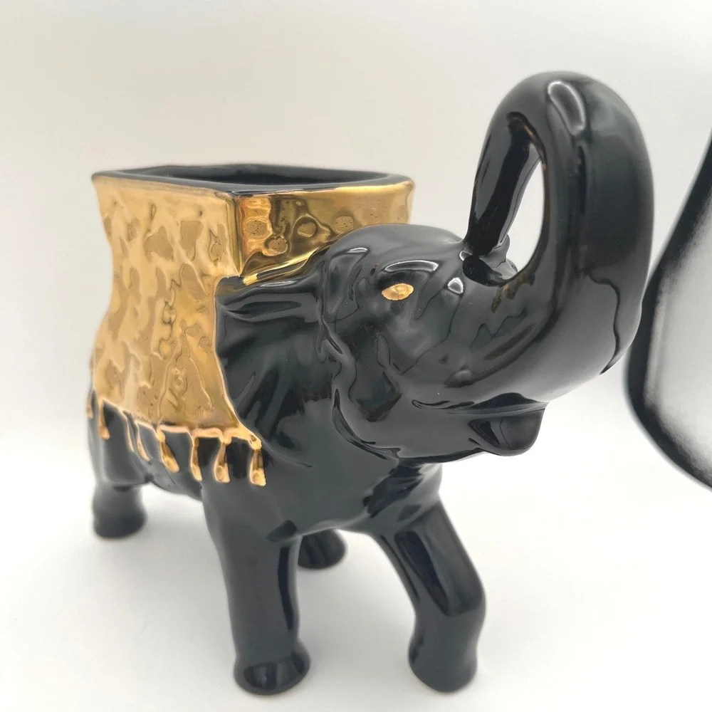 Vtg 50s elephant planter‎ glossy black 24kt gold-painted saddle blanket USA